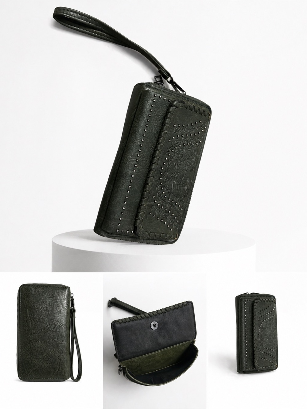 Dark Green Embossed Wristlet Wallet